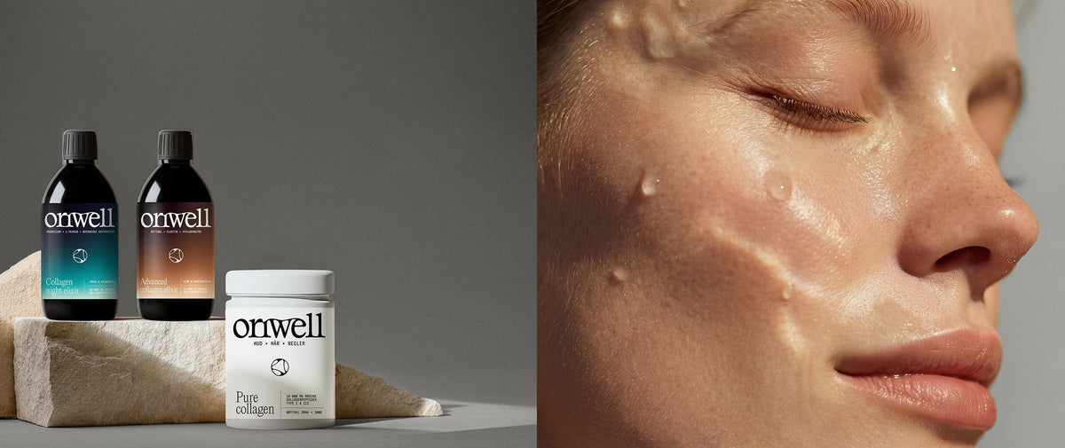 Kvinneansikt med tre kollagenprodukter