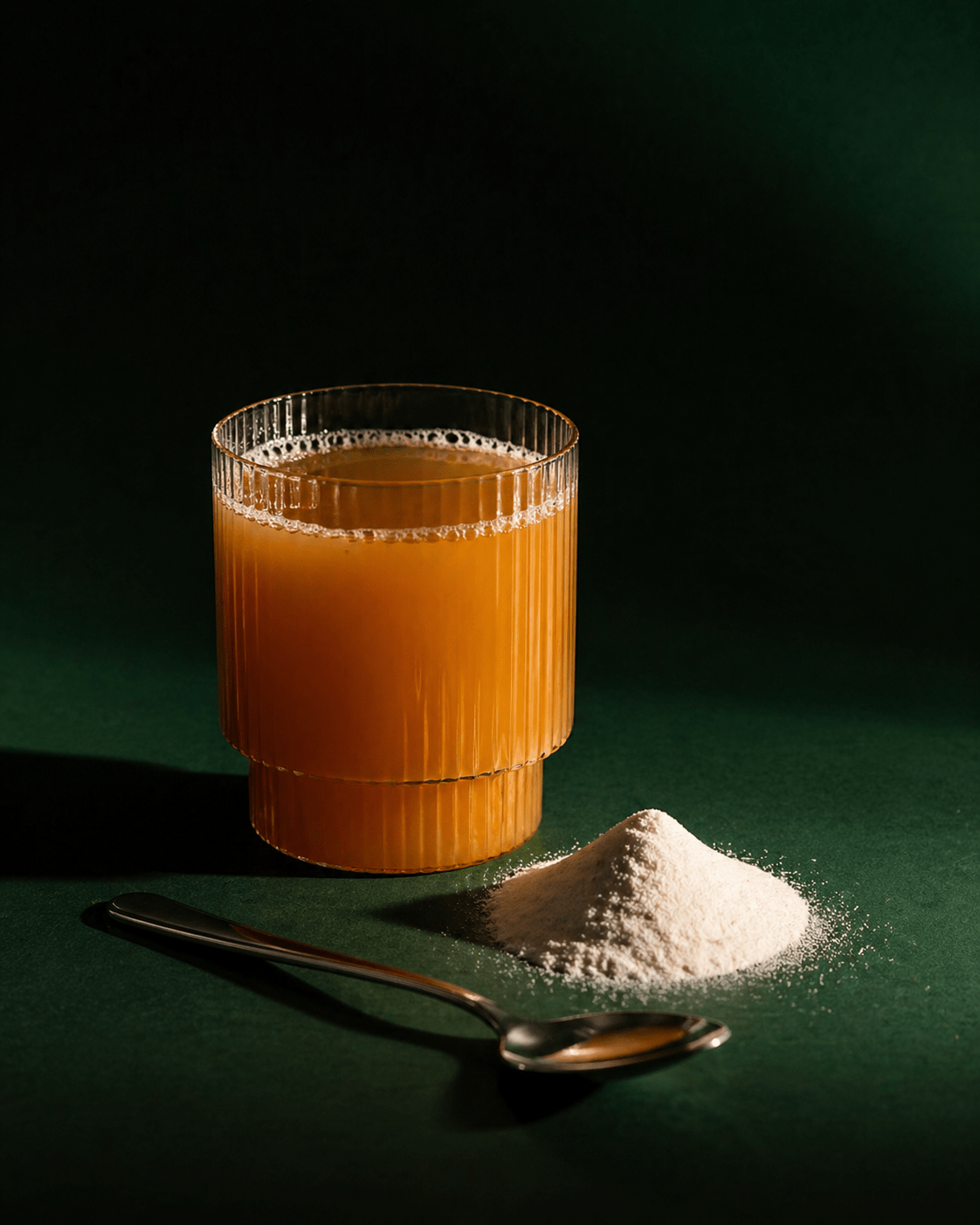 Glass med oransje drikke og kollagenpulver ved siden av