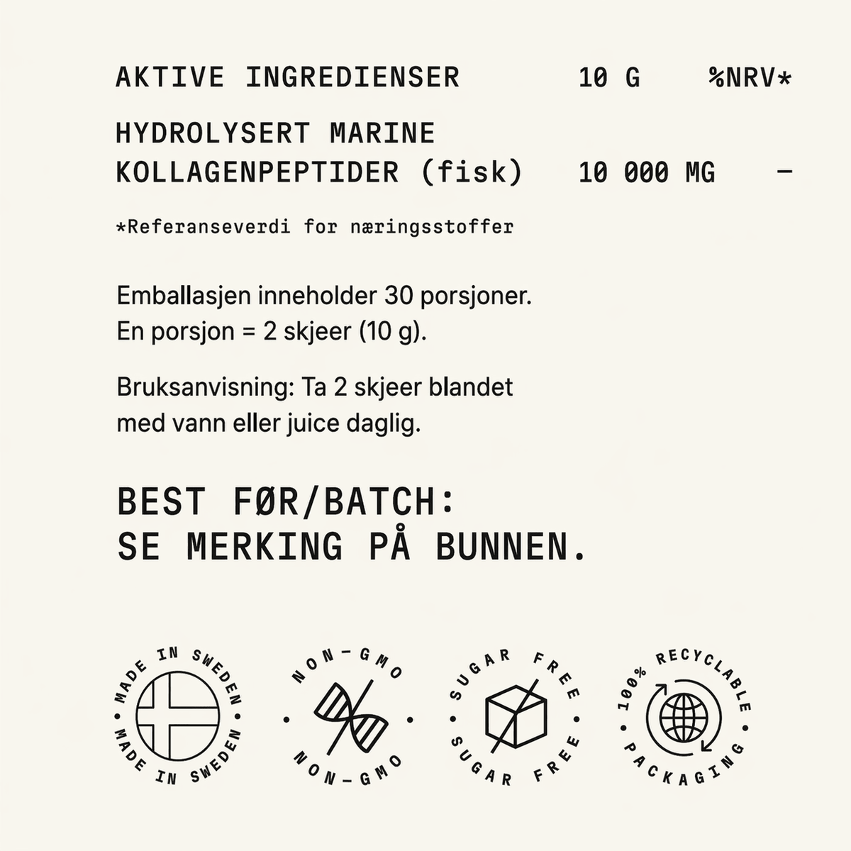 Ingredienser i Oriwell Pure Collagen marint kollagenpulver